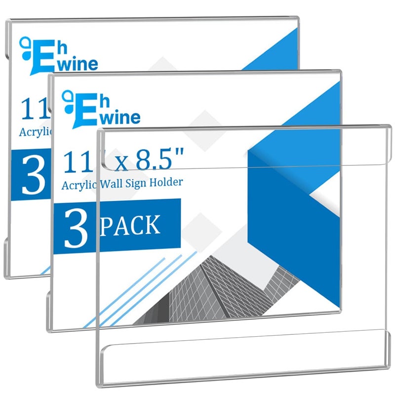 EHWINE 3 Pack 8.5 x 11 Wall Mount Acrylic Sign Holder, Horizontal Wall Signs Photo Menu Flyer Display Holders, Plastic Clear Acrylic Frames for Office Home Hotel Business Store (with Adhesive Tape) - Image 1